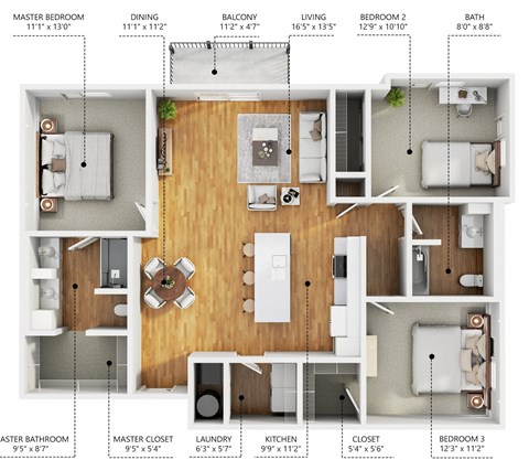 Floor plan for 3 beds, 2 baths, 1362 sqft